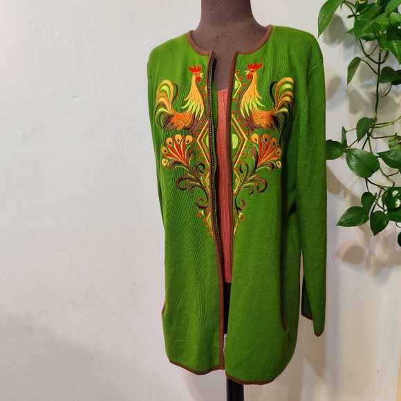 Bob Mackie Wearable Art Vintage Rooster Floral Zip Up Sweater - Picture 2 of 8